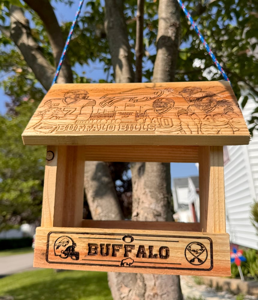 Buffalo Sports Cedar Bird Feeder | Laser Engraved WNY Team Fan Garden Décor Gift